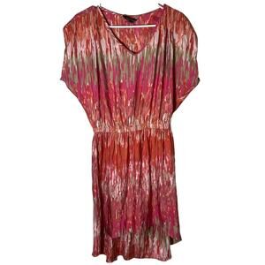 Express high low pink coral abstract print dress silky soft elastic waist size M